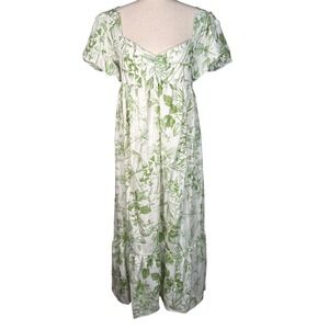 Gilli Floral Maxi Dress Green White Square Neck Smocked Flutter Sleeve Tiered M